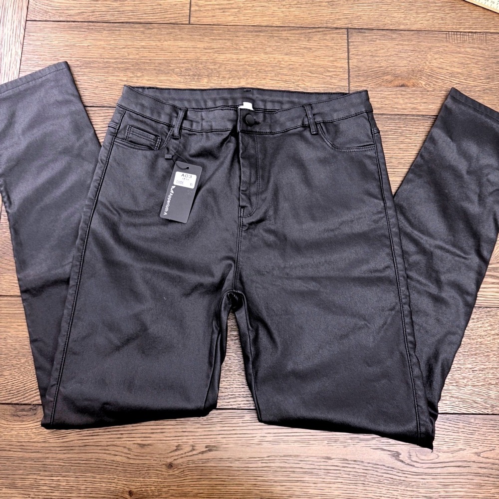 Apperloth A Womens Black Coated Skinny Pants Waxed Leather Look High Rise XL NEW